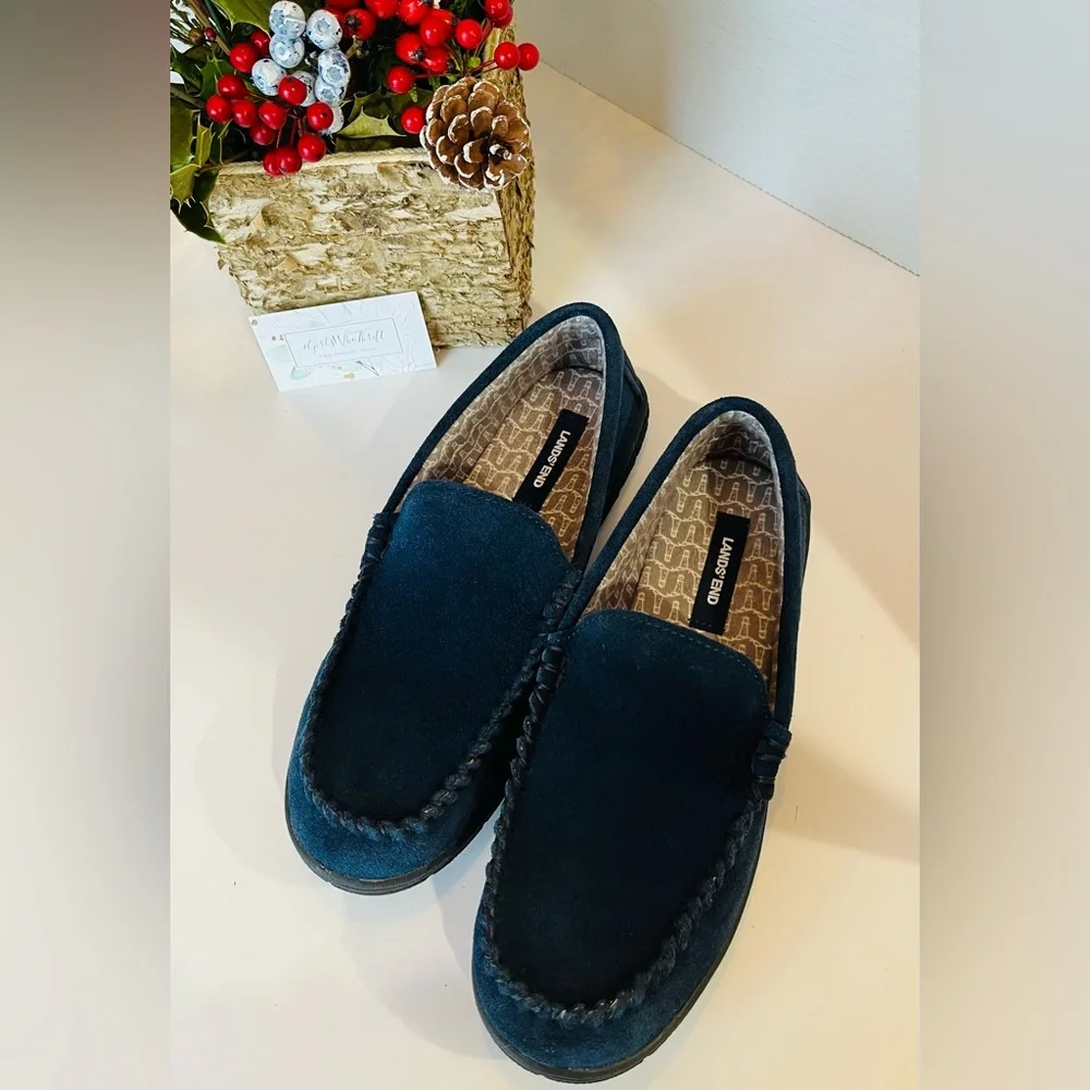 LAND’s END Men’s Moccasin Slippers Lined Printed Flannel Navy Blue Size 8B - Picture 6 of 12